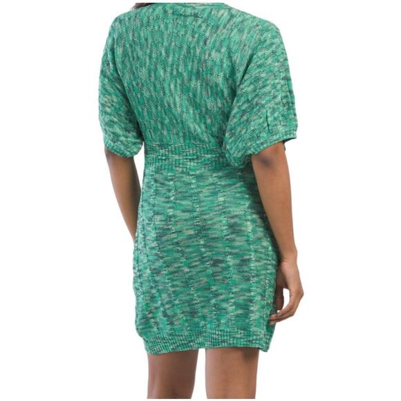 Vertigo Paris boho knit sweater dress M green marled V-neck batwing drawstring - Picture 2 of 16